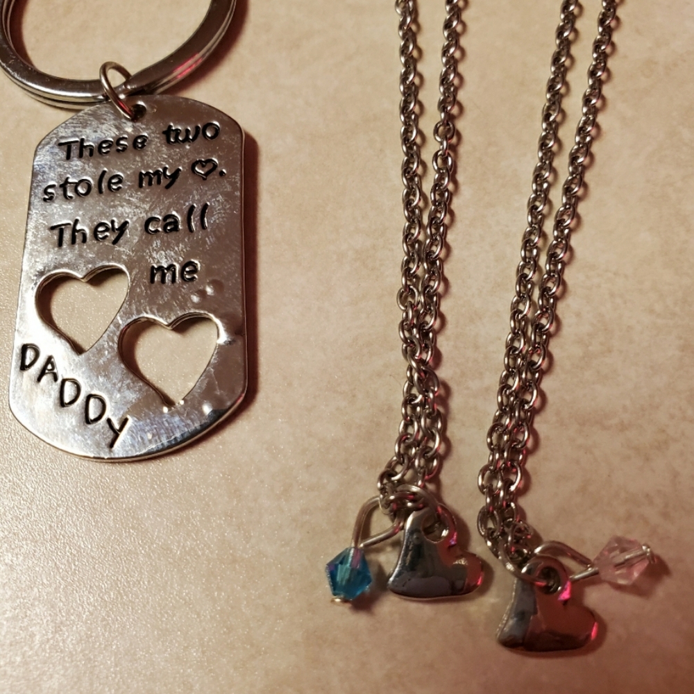 Father and daughter key chain with 2 necklaces set
